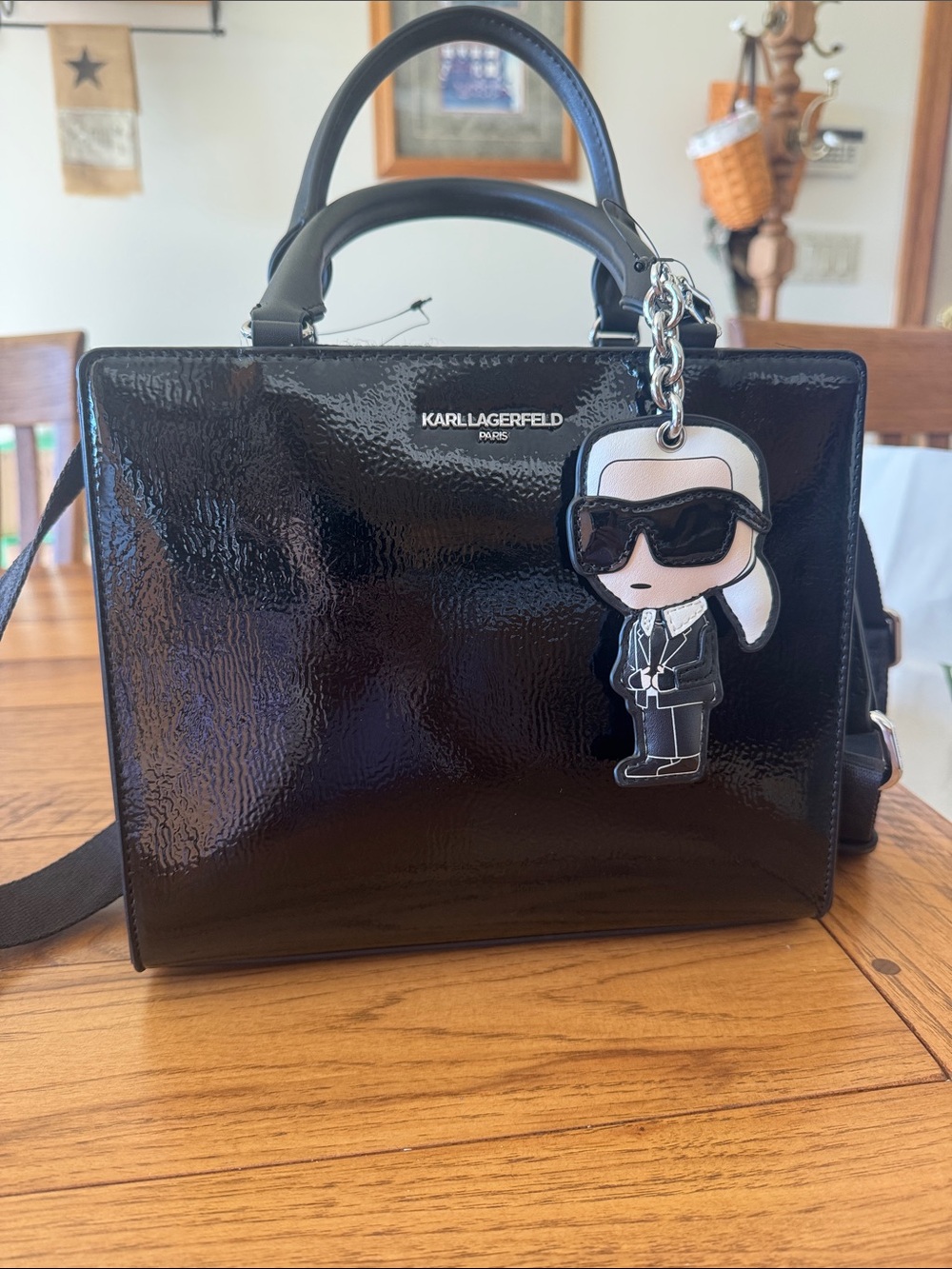Karl Lagerfeld Black Patent Leather Top-Handle Tote with Charm